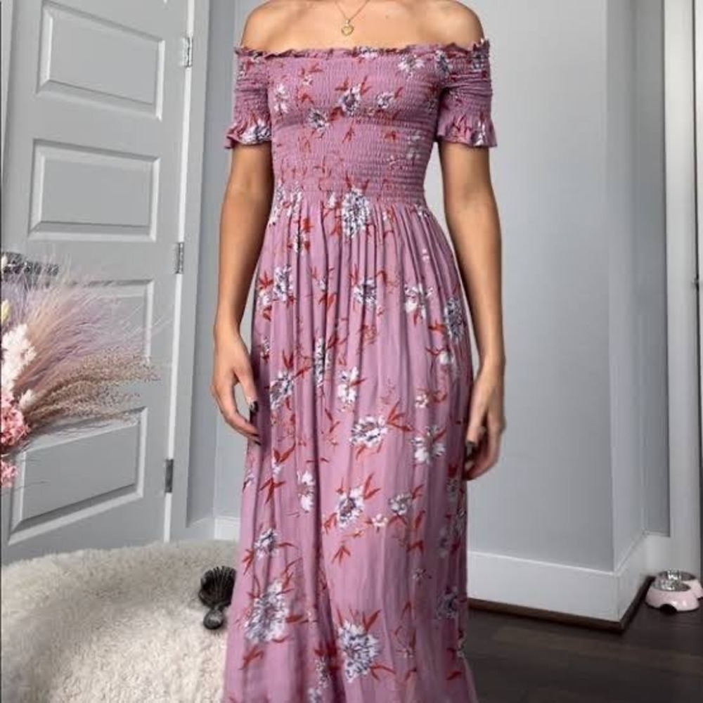 Kimchi Blue Floral Smocked Off Shoulder Maxi Dress Pink Size L Cottagecore Fall